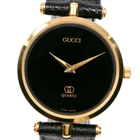 GUCCI Sherry Watches blackDial Plated Gold/Embossed Leather Quartz Analog - Picture 1 of 8